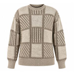 Honors Mens Large Textured Patchwork Knit Crewneck Sweater Beige Cotton Blend